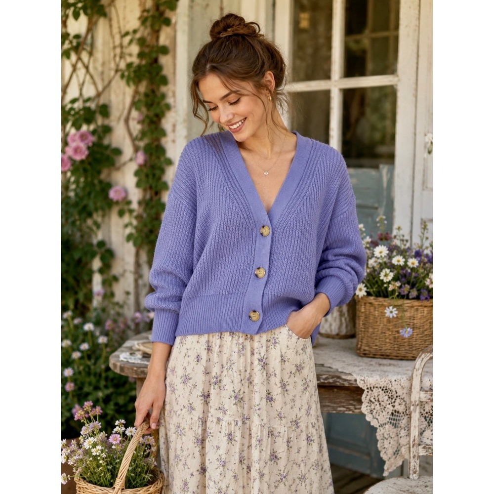 ZARA Cropped Shaker Knit‎ Cardigan Sweater Blue Purple Button Front Medium